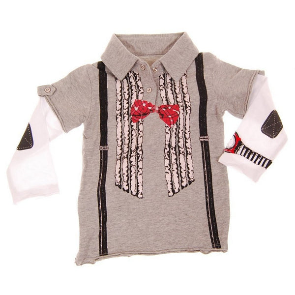 Ruffle Bow Tie Suspenders Baby Long Sleeve Polo Shirt by: Mini Shatsu