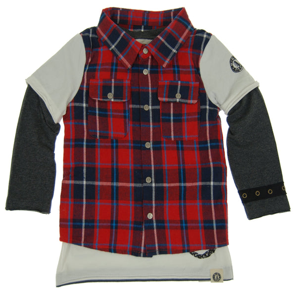 Red Plaid Vest Twofer Shirt by: Mini Shatsu