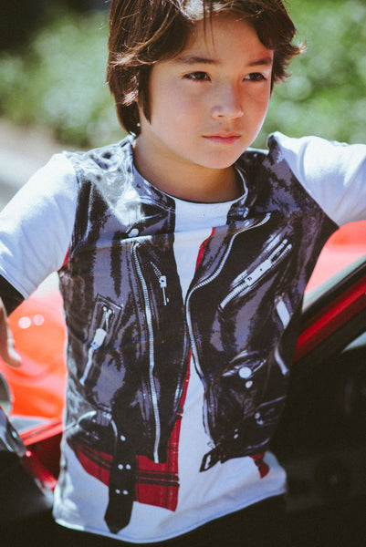 Plaid Leather Biker Vest Twofer Baby T-Shirt by: Mini Shatsu
