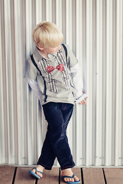 Ruffle Bow Tie Suspenders Baby Long Sleeve Polo Shirt by: Mini Shatsu