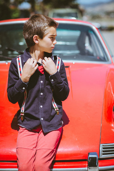 Red Bow Tie Suspender Button Down Shirt by: Mini Shatsu