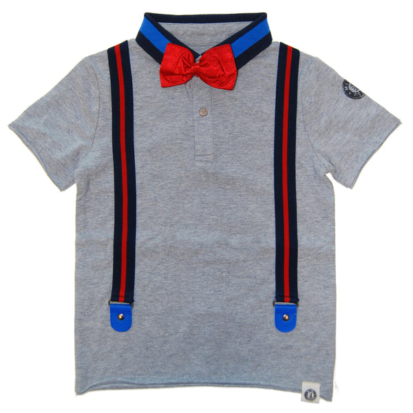 Silk Bow Tie Suspender Polo Shirt by: Mini Shatsu